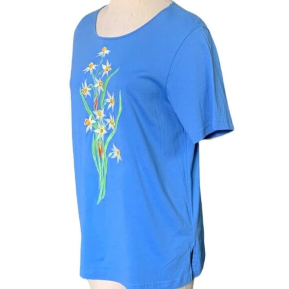 Bob Mackie Embroidered Daffodil Short Sleeve Tee Top Blue Sz M #303G - Picture 3 of 6